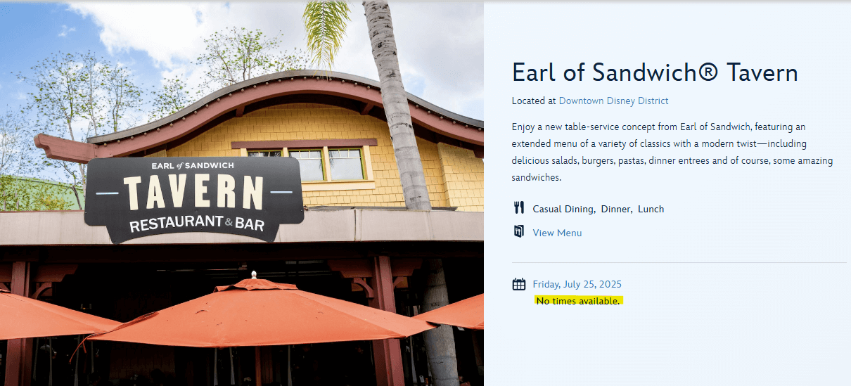 Disney's site showing no hours available Friday July 25th