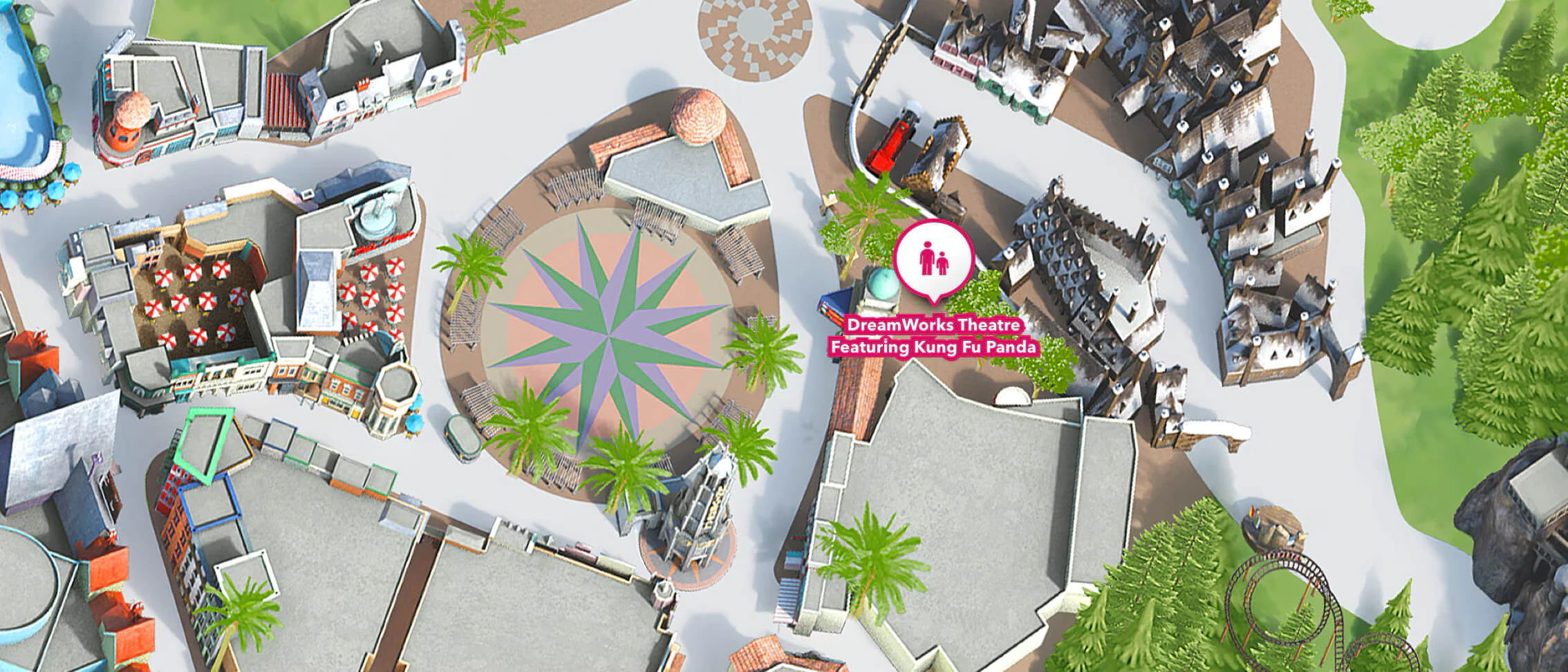 The dreamworks Cart is located near the DreamWorks Theatre