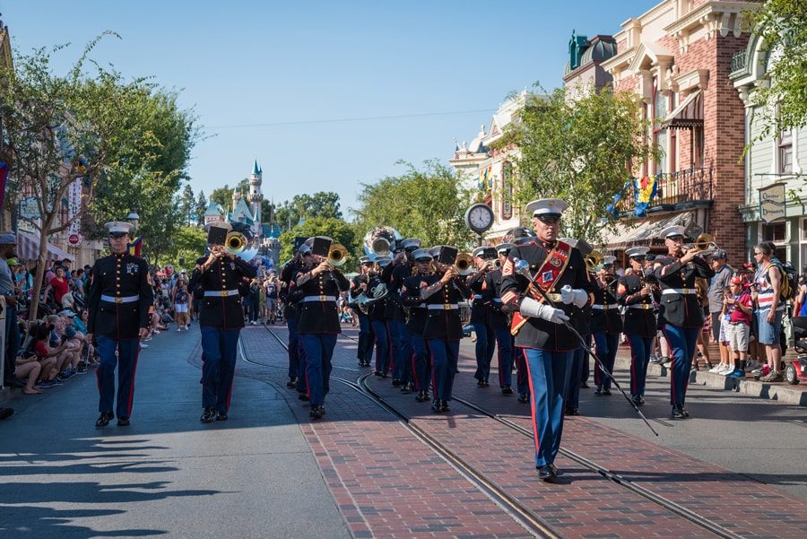 The 1st Marine Division Band marches down Main Street, U.S.A. (Photo: Disney)