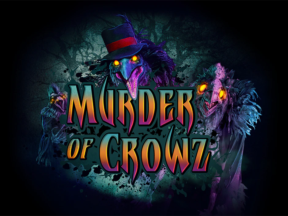 Key art for the Murder of Crowz scare zone showing three crow creatures with glowing eyes, one wearing a top hat. | CREDIT: Universal Studios Hollywood