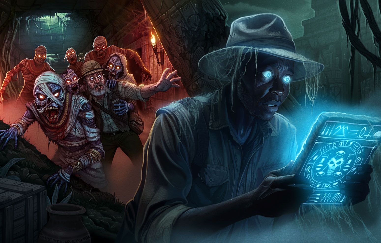 Official key art for the Unearthed maze showing an explorer holding a glowing ancient tablet as mummies close in. | CREDIT: Knott's Berry Farm