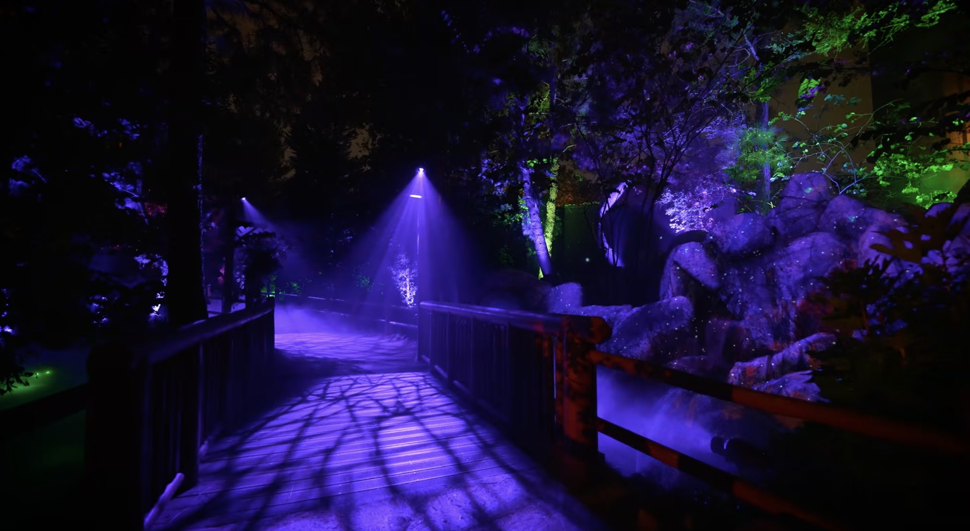 A blue-lit forest path inside Villains Grove with hanging lanterns and fog lit from behind. | CREDIT: Disney