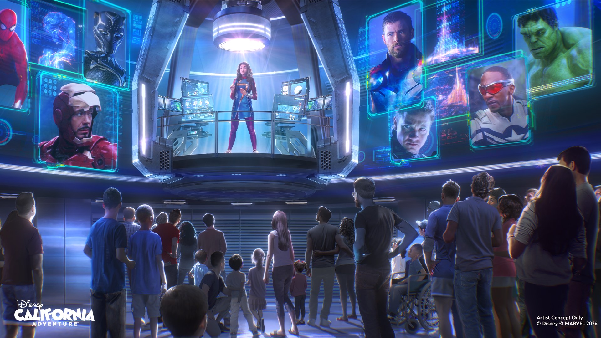 Ms. Marvel delivers the pre-mission briefing inside Avengers Infinity Defense. (Artist Concept/Disney. © MARVEL 2026)