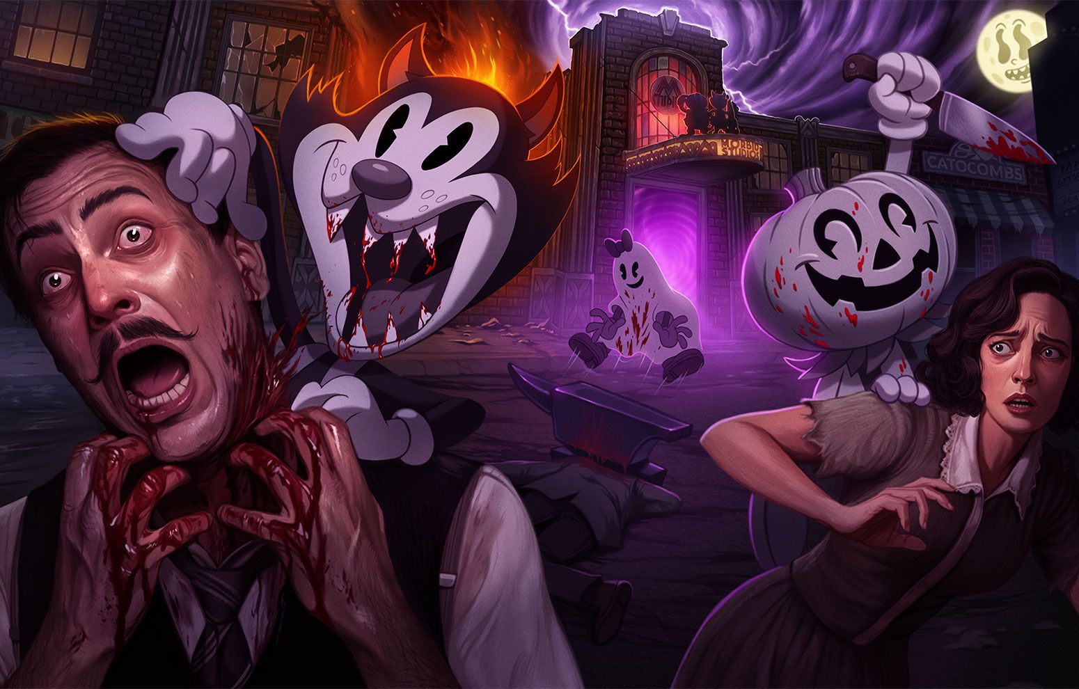 Official key art for the Inked maze showing murderous 1930s-style cartoon characters attacking on a studio backlot street. | CREDIT: Knott's Berry Farm
