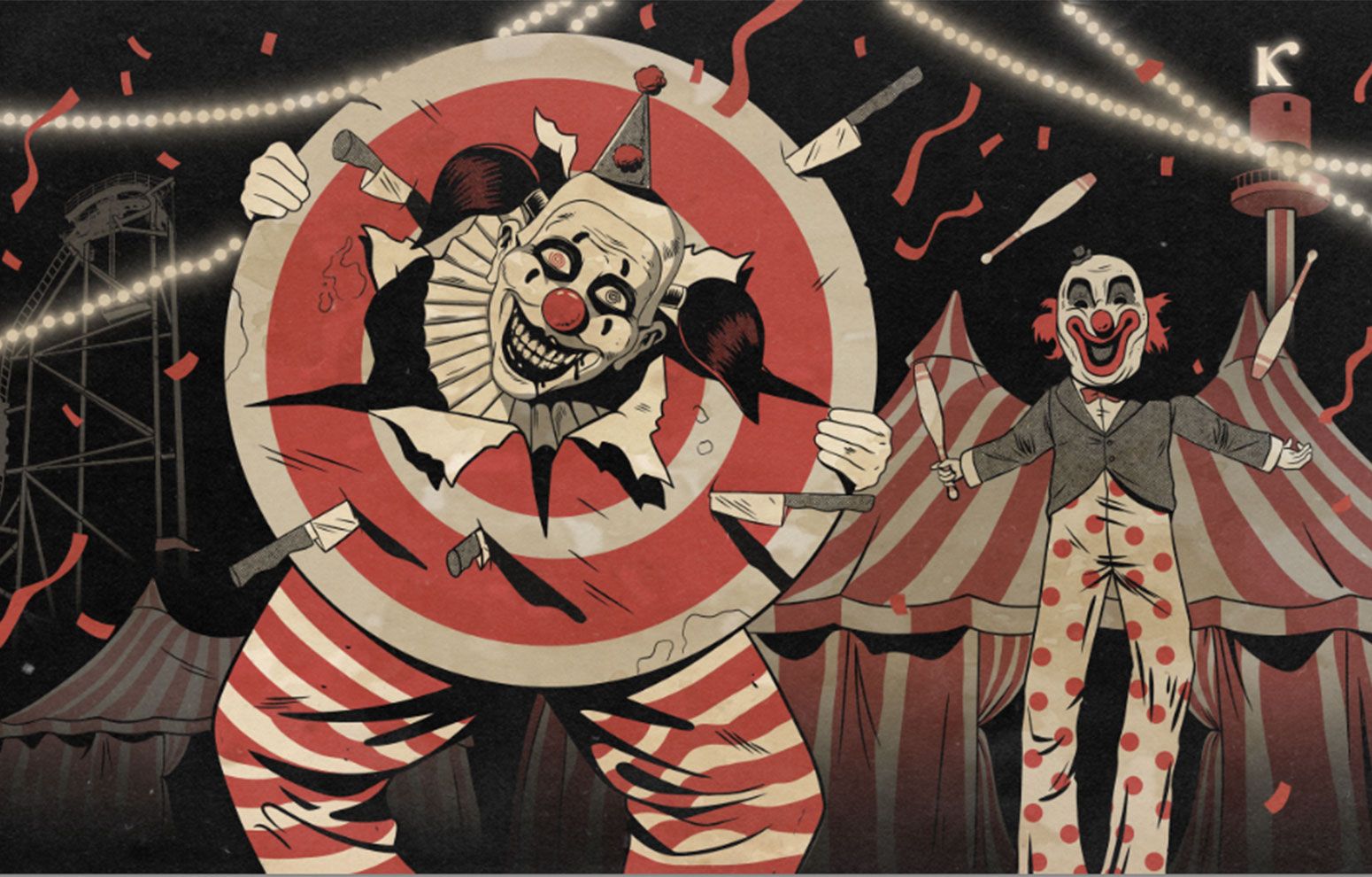 Official key art for the CarnEvil scare zone with sinister circus performers on the Boardwalk. | CREDIT: Knott's Berry Farm