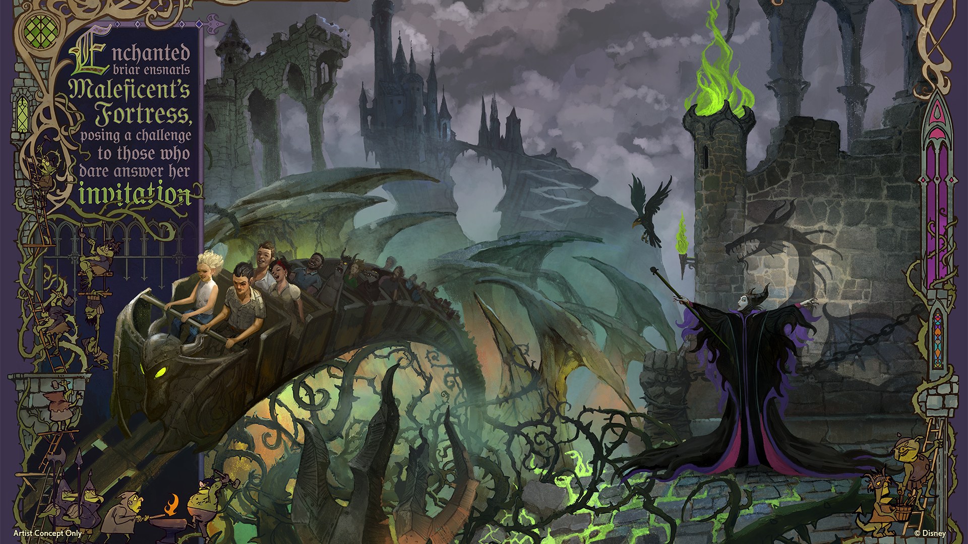 Concept art for the Maleficent coaster, racing through enchanted briars toward her mountaintop fortress.&nbsp;Image: Disney
