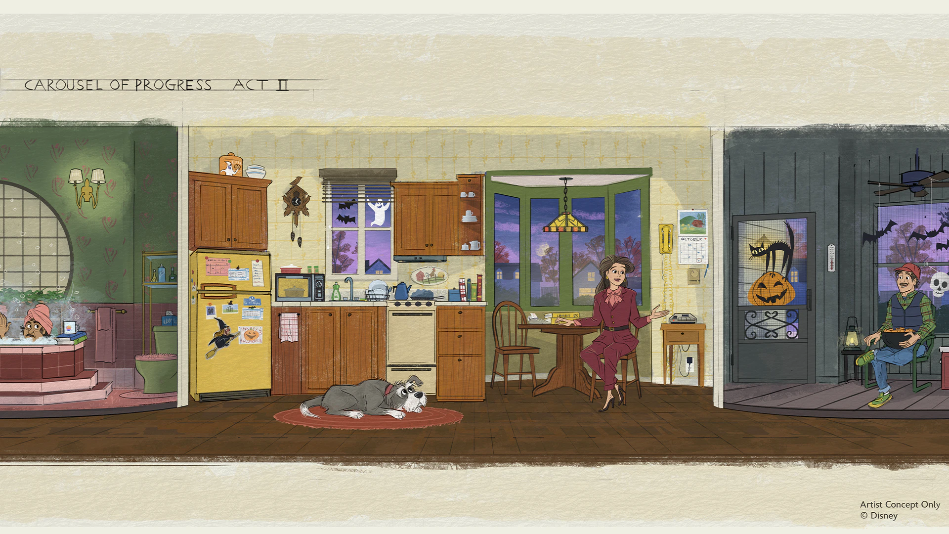 Concept art of the Carousel of Progress Act II kitchen scene decorated for Halloween. | CREDIT: Disney