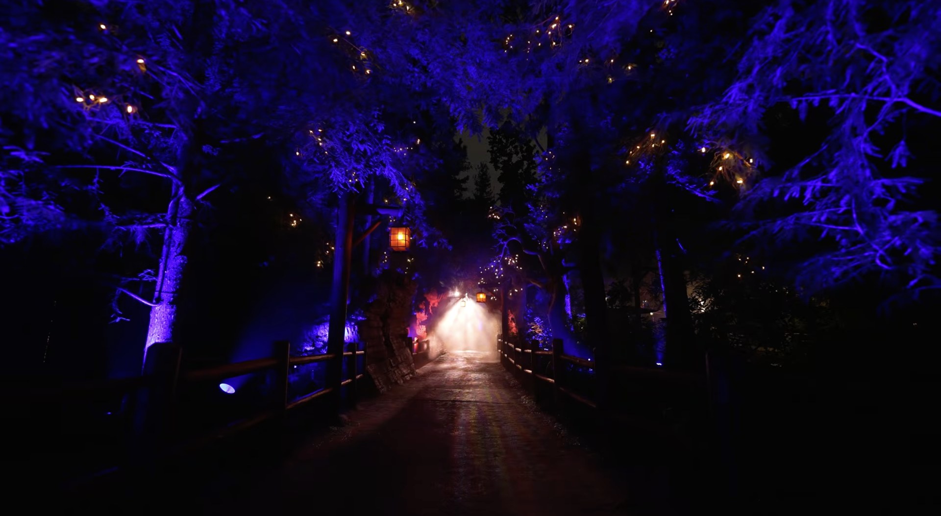 A wooden bridge inside Villains Grove lit purple with tree shadows projected on the walkway. | CREDIT: Disney