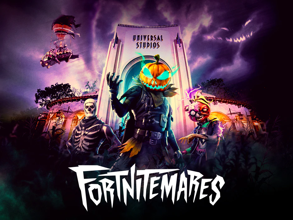 Key art for the FORTNITEMARES scare zone showing Fortnite characters in front of the Universal Studios globe. | CREDIT: Universal Studios Hollywood