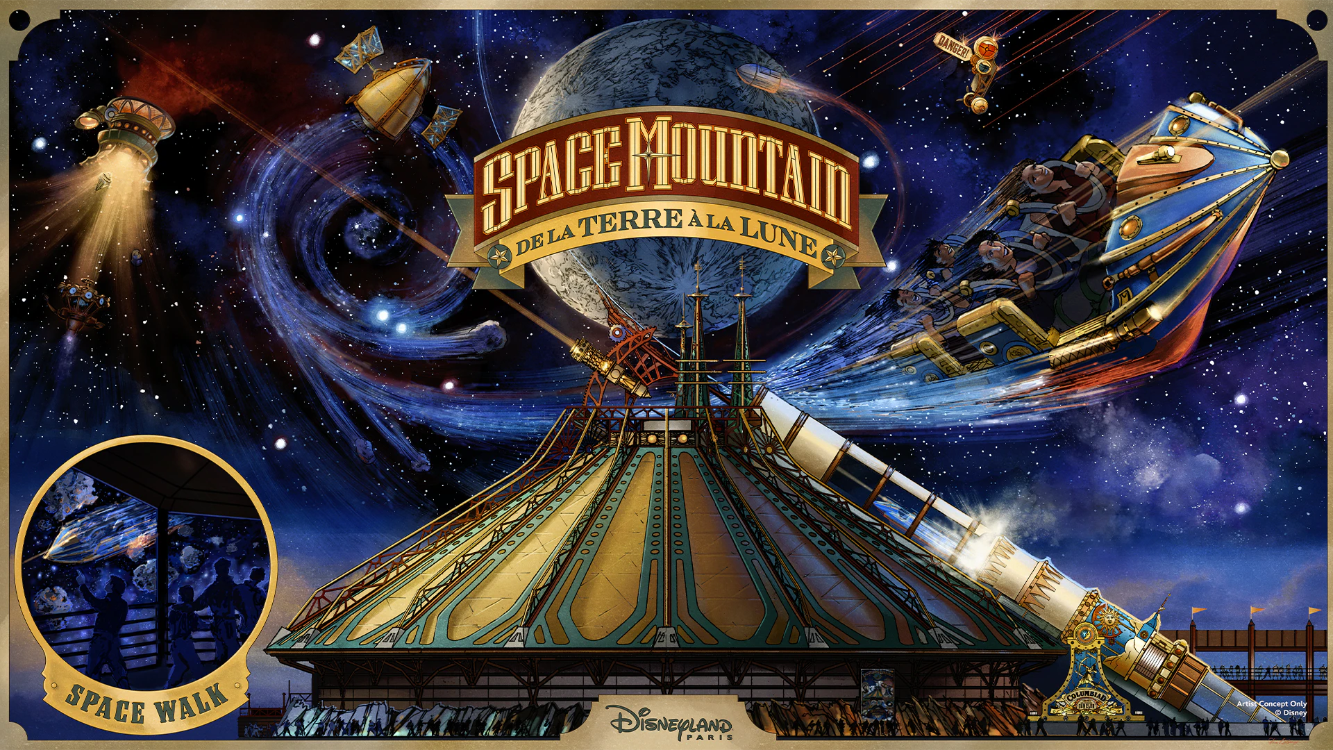 Jules Verne inspired poster art for Space Mountain De la Terre a la Lune at Disneyland Paris. | CREDIT: Disney