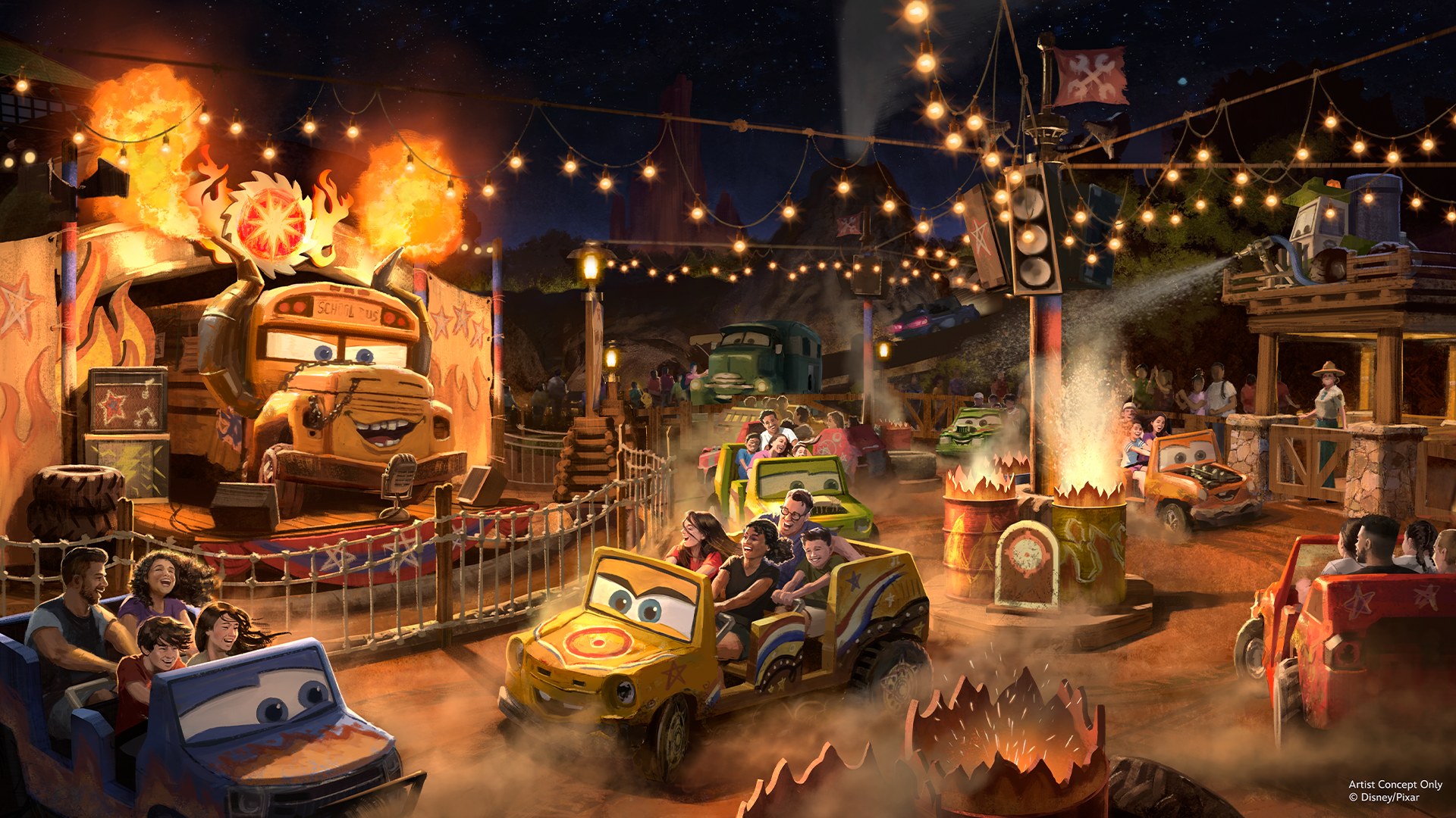 Miss Fritter's Daredevil Spin-Along, the land's family attraction.&nbsp;Image: Disney