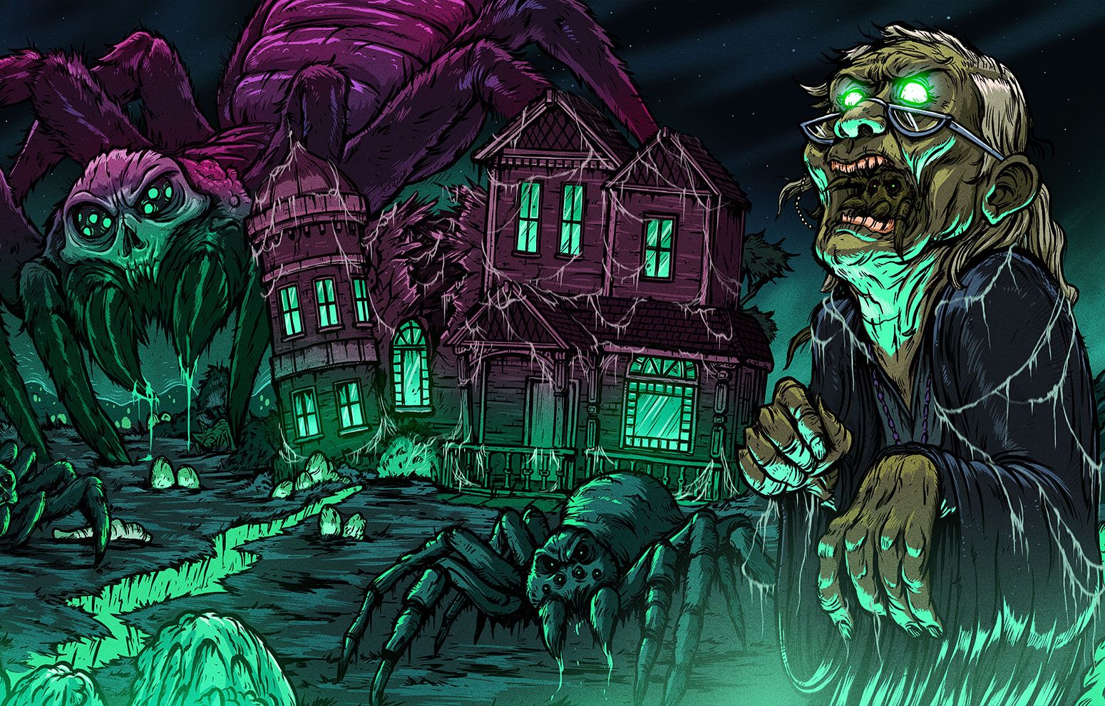 Official key art for the Widows maze with giant spiders swarming a web-covered house. | CREDIT: Knott's Berry Farm