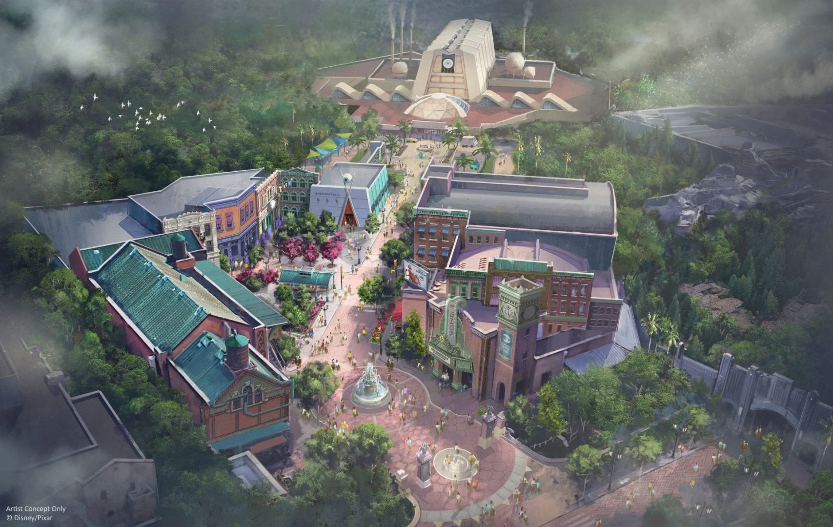 Monstropolis replaces the former Muppets Courtyard and Grand Avenue, expanding into backstage and parking areas. Image: Disney