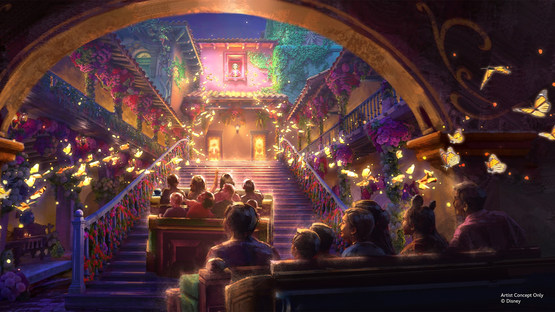 Guests enter Casita and board ride vehicles the house magically assembles from its own furniture. Image: Disney