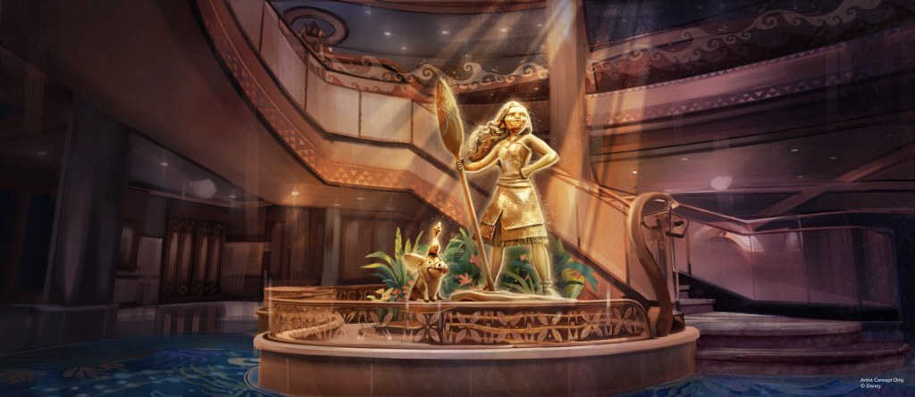 The Disney Believe's Moana-themed Grand Hall, anchored by a bronze Moana statue with Pua and Heihei. Image: Disney