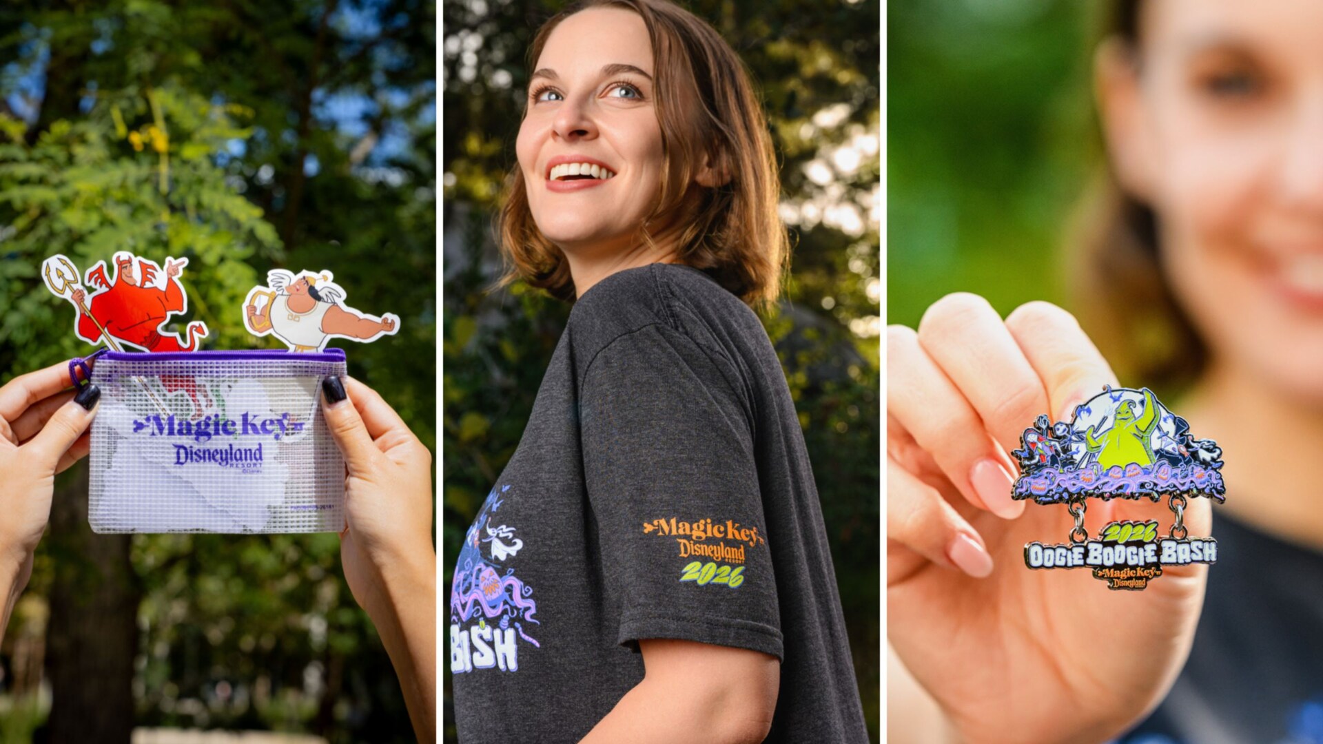 The Magic Key keepsake bag, Magic Key T-shirt and Magic Key pin themed to Oogie Boogie Bash at Disneyland Resort. | CREDIT: Disney