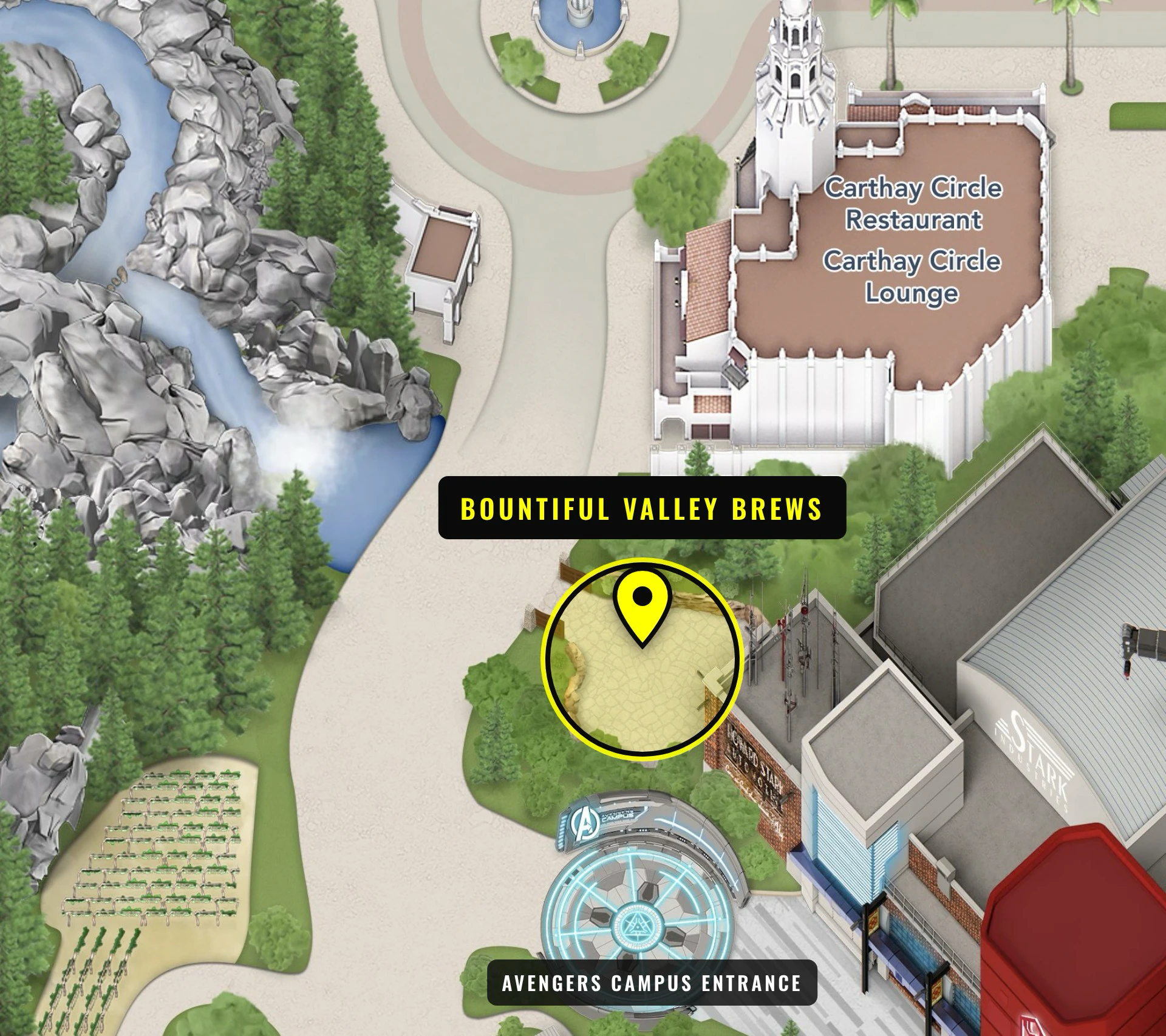 Disney California Adventure map with a yellow pin on the paved area between Carthay Circle Restaurant and the Avengers Campus entrance, labeled Bountiful Valley Brews The approximate location of Bountiful Valley Brews, on the paved area above the Avengers Campus entrance. Map: ©Disney, pin added by ThemeParkIQ.