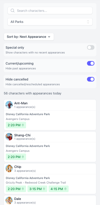 Redesigned character schedule page