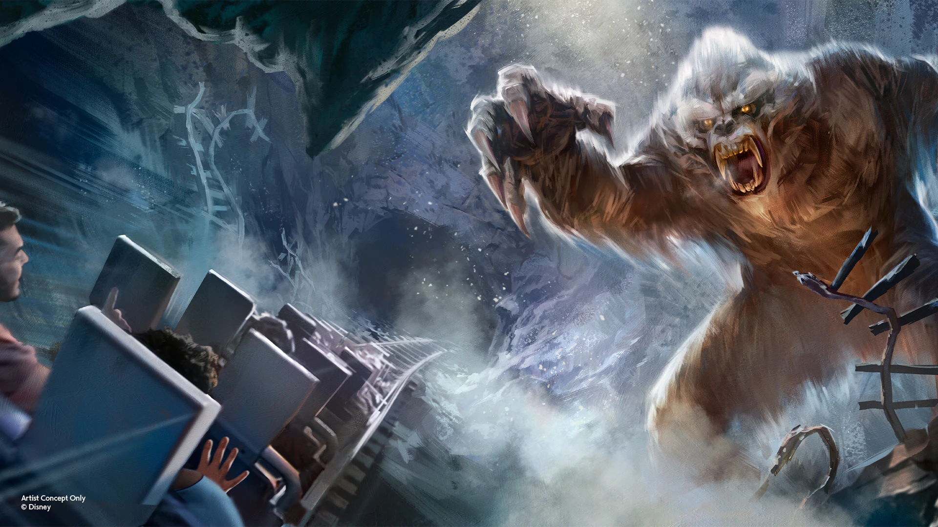 Concept art showing the Yeti Audio-Animatronic reaching toward a ride vehicle inside Expedition Everest. | CREDIT: Disney