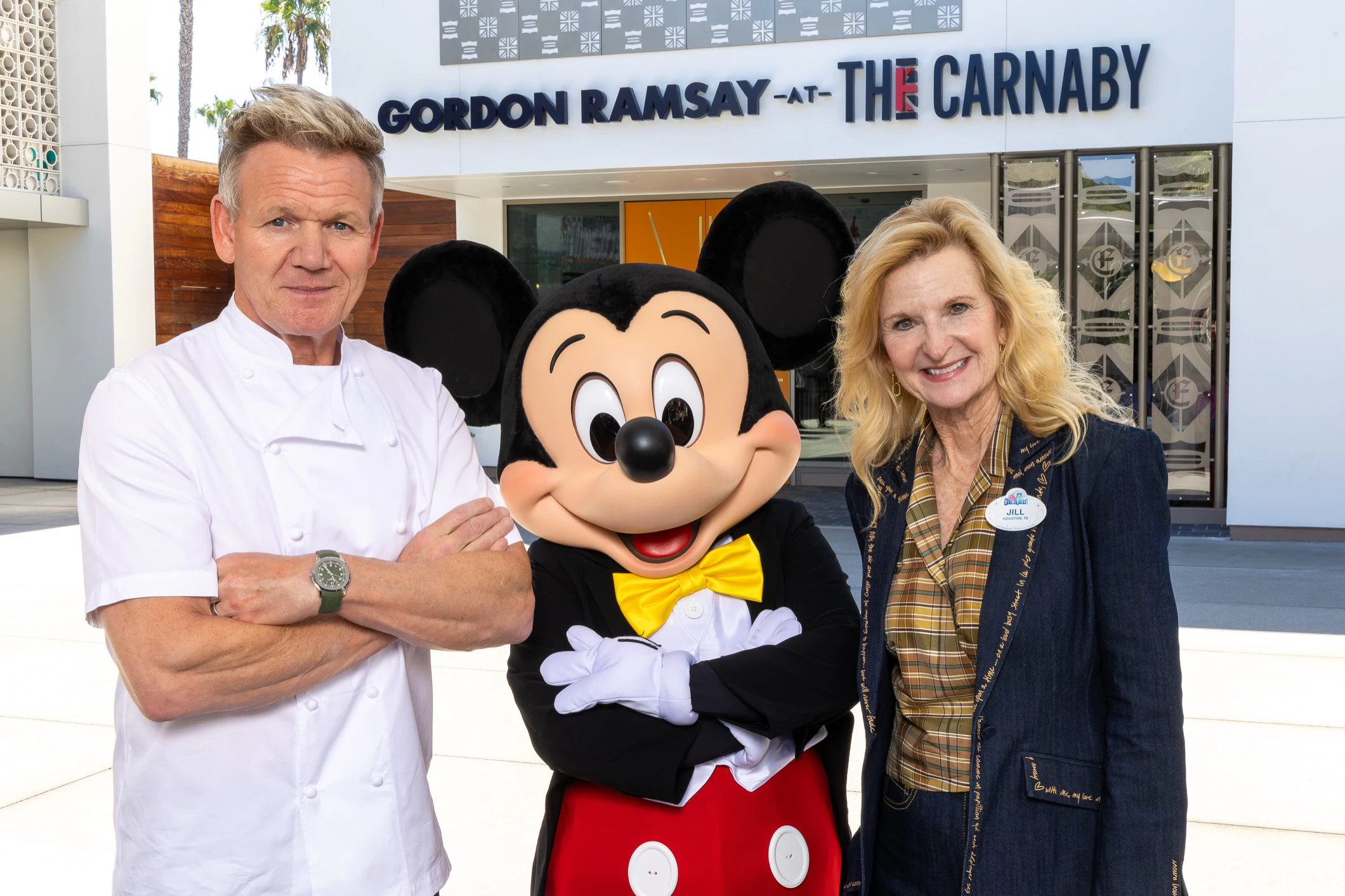 Chef Gordon Ramsay stands with Mickey Mouse and Disneyland Resort President Jill Estorino at Gordon Ramsay at The Carnaby in the Downtown Disney District. | CREDIT: Christian Thompson/Disneyland Resort