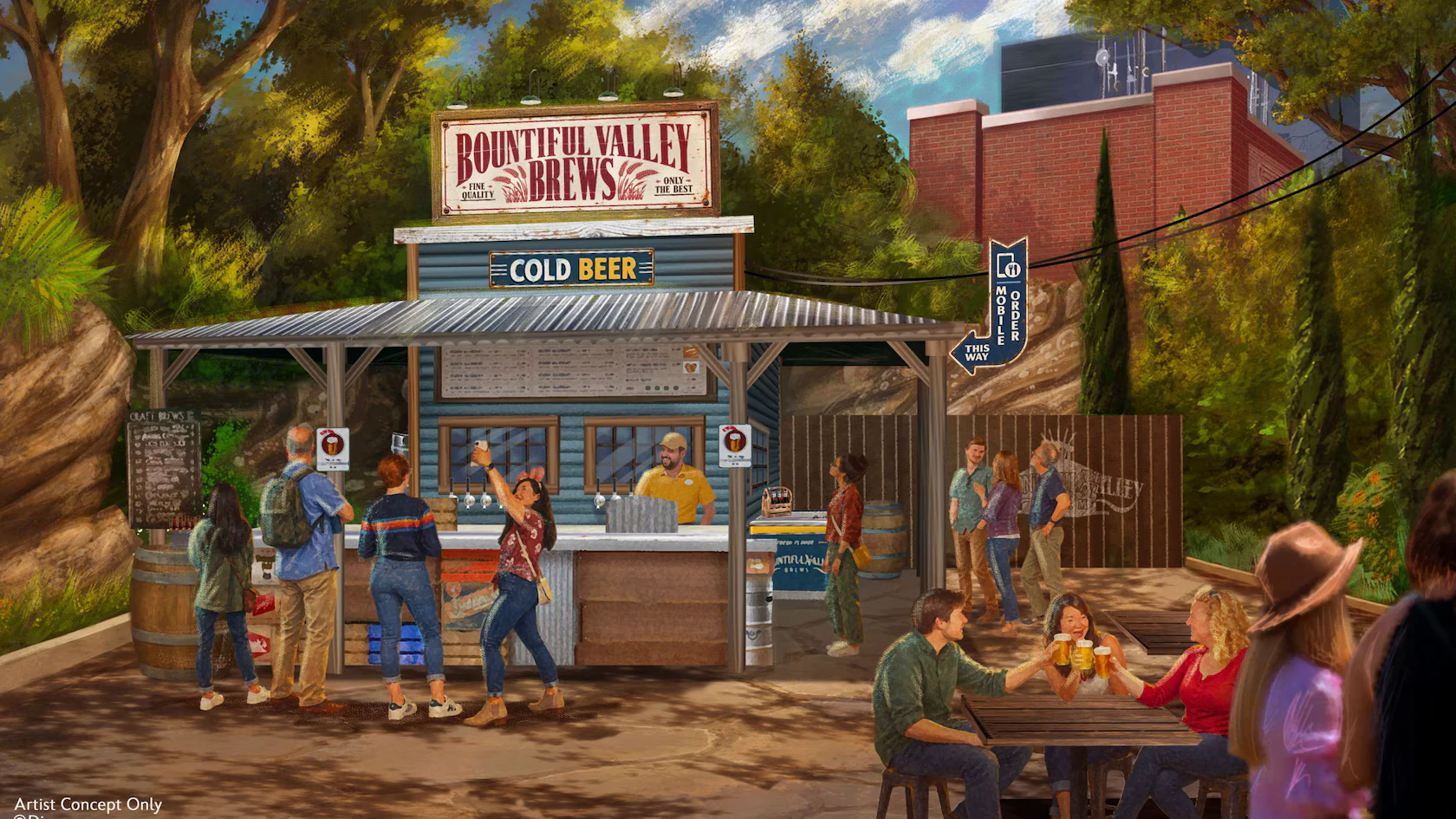 Concept art for Bountiful Valley Brews, with a “Cold Beer” sign over the counter and a “Mobile Order This Way” sign to the right. Artist concept only. Image: ©Disney.
