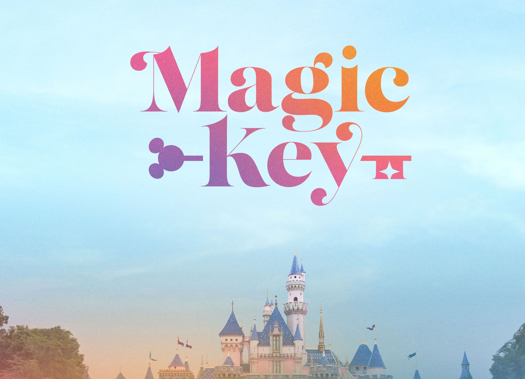 Magic Key logo in pink, orange and purple lettering above Sleeping Beauty Castle at Disneyland The Magic Key program launched at Disneyland Resort in August 2021. Image: Disneyland Resort