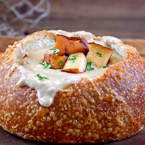 Beer Cheese Soup in a Sourdough Bread Bowl