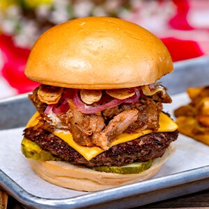 Egg Allergy-Friendly Smoked Angus Beef Burger with Pulled Pork