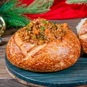 Lentil Chili in a Sourdough Bread Bowl