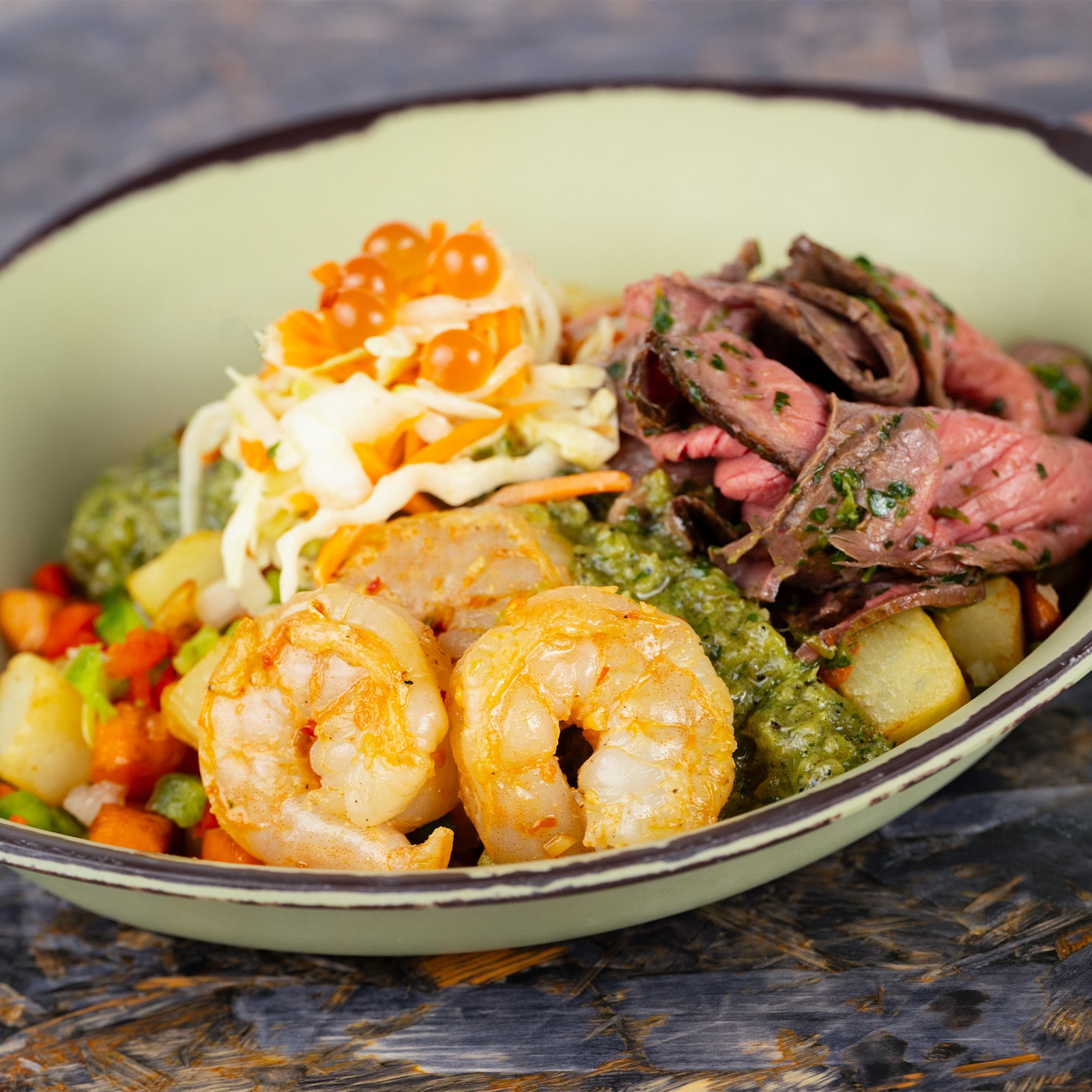 Combination Bowl: Chimichurri Beef and Chili-Garlic Shrimp