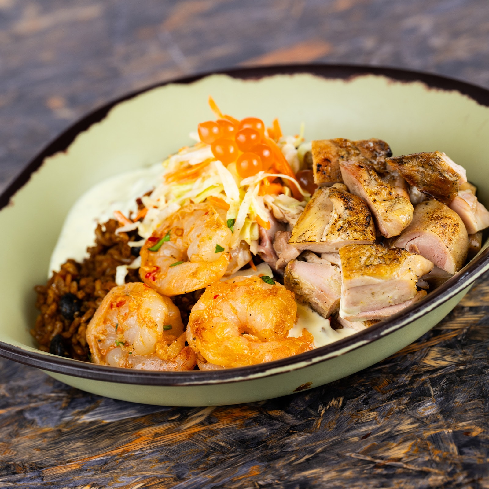 Combination Bowl: Chopped Wood-grilled Chicken and Chili-Garlic Shrimp