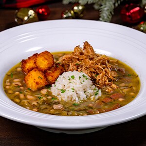 Black Eyed Pea Stew with Chicken and Corn Bread Croutons 