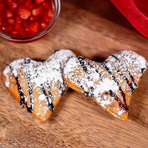 Chocolate Heart-shaped Beignets with Strawberry Dipping Sauce 