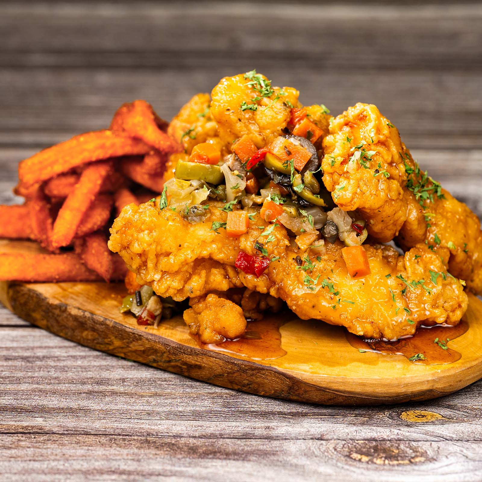 Hot Honey Chicken with Sweet Potato Fries
